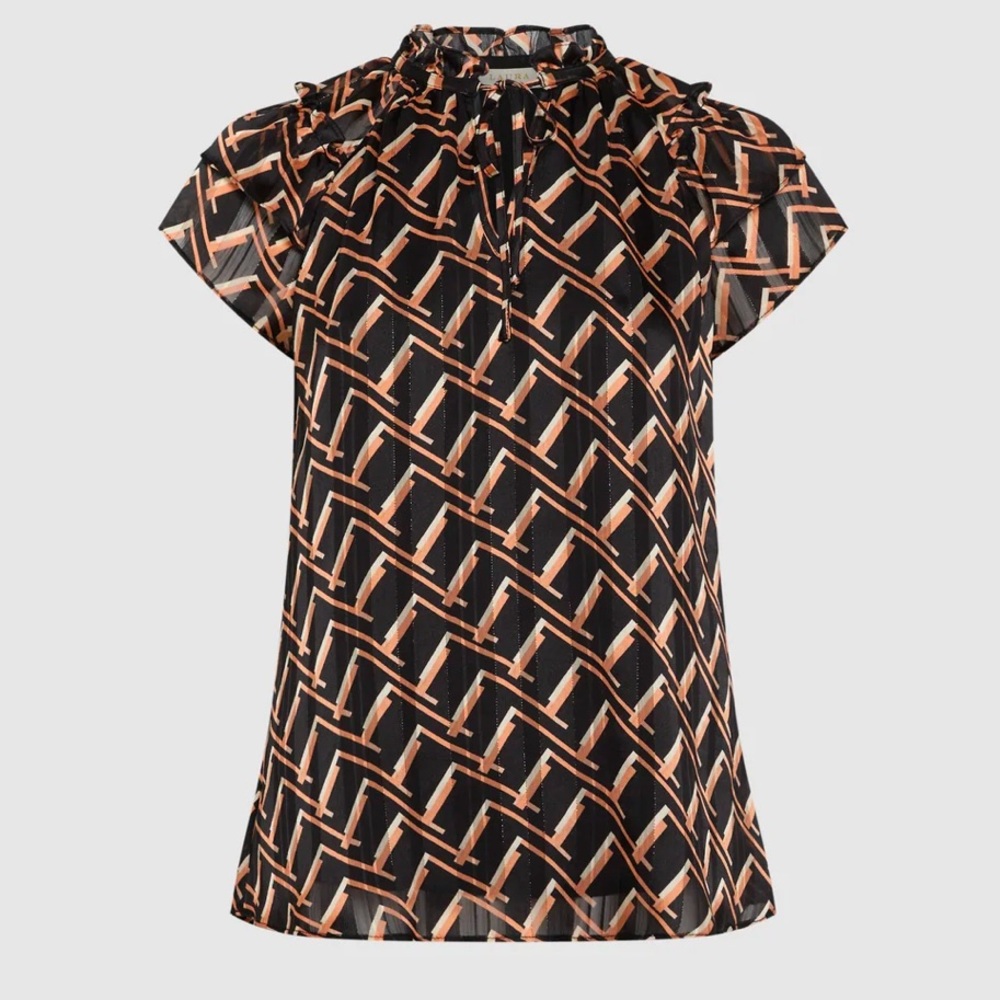 Laura Geometric Print Short Sleeve Blouse Black Pattern